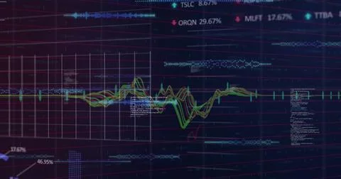 Image of financial data processing on black background Illustrazione stock