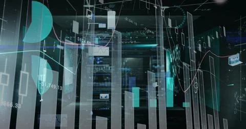 Image of financial data processing on black background Illustrazione stock