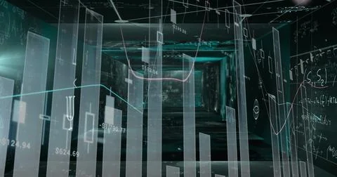 Image of financial data processing on black background Illustrazione stock