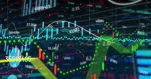 Image of financial data processing on black background Stock Photos