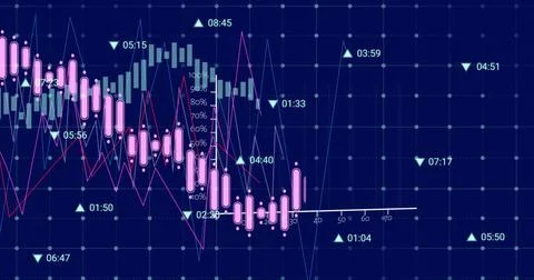 Image of financial data processing on black background Foto stock