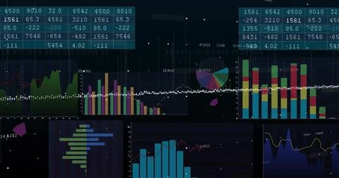 Image of financial data processing on black background Stock Photos