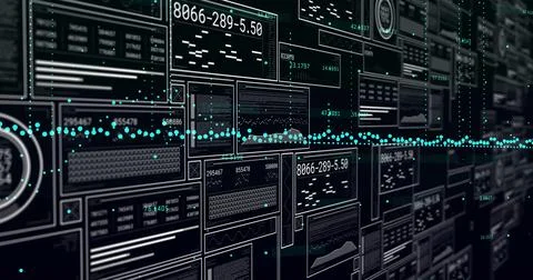 Image of financial data processing on black background Foto stock