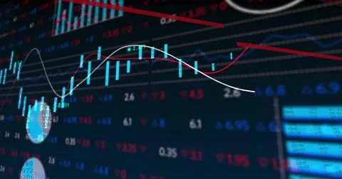 Image of financial data processing on black background 写真素材