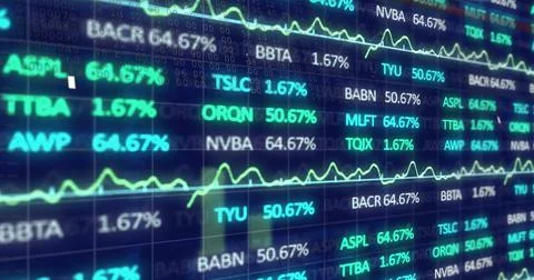 Image of financial data processing on black background Foto stock