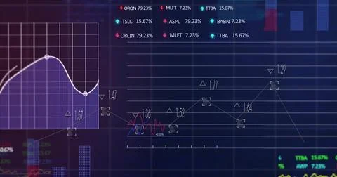 Image of financial data processing on black background Foto stock