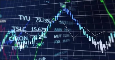 Image of financial data processing on black background Stock Photos