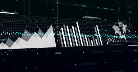 Image of financial data processing on black background Stock Photos