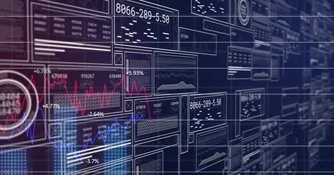 Image of financial data processing on black background 写真素材