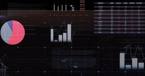 Image of financial data processing on black background Stock Photos
