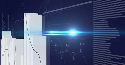 Image of financial data processing on blue background Stockillustratie