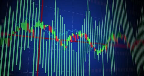 Image of financial data processing on blue background Illustrazione stock