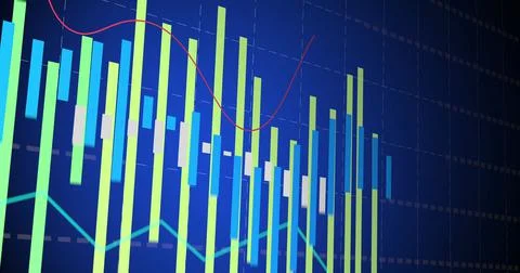 Image of financial data processing on blue background Stockillustratie