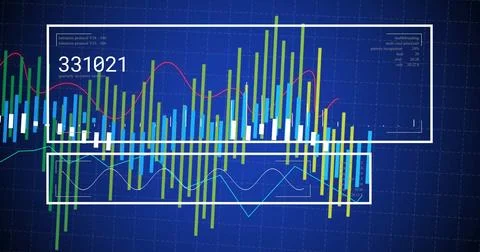 Image of financial data processing on blue background Illustrazione stock