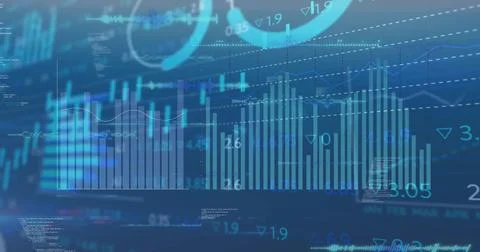 Image of financial data processing on blue background 스톡 일러스트