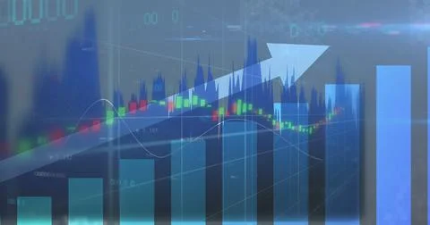 Image of financial data processing on blue background Foto stock