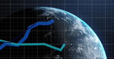 Image of financial data processing with blue lines over globe 스톡 사진
