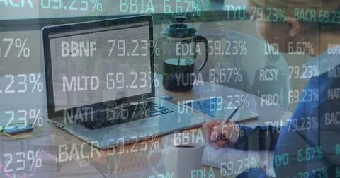 Image of financial data processing on caucasian woman drinking coffee and taking Stock Photos