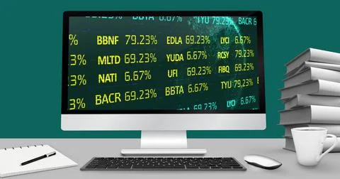 Image of financial data processing on computer screen on desk Stock Illustration