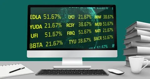 Image of financial data processing on computer screen on desk Foto stock