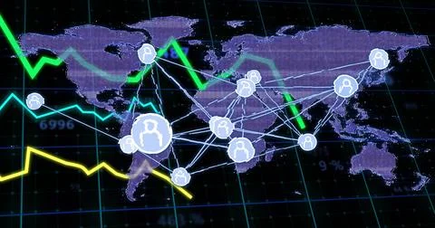 Image of financial data processing, connections and world map over black Stock Illustration
