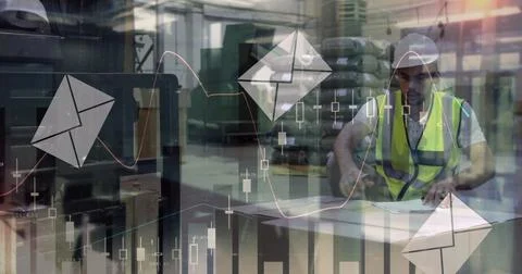 Image of financial data processing with envelope icons over caucasian male .. Stock Photos
