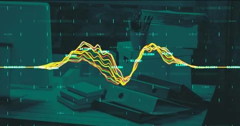 Image of financial data processing with fluctuating lines over office desk 库存照片
