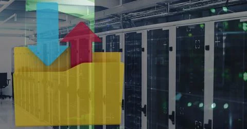 Image of financial data processing with folder icon over computer servers Stock Illustration