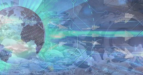 Image of financial data processing with a globe over a garbage dump Stock Illustration