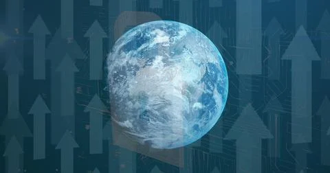 Image of financial data processing with globe over warehouse Illustrazione stock