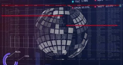 Image of financial data processing with globe on black background Stockillustratie