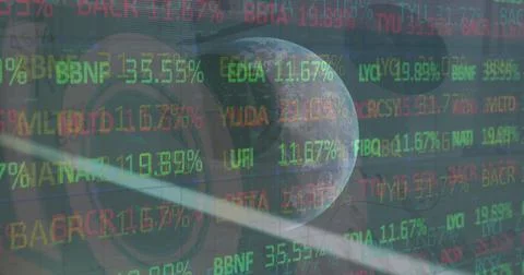 Image of financial data processing with globe on green background Foto stock