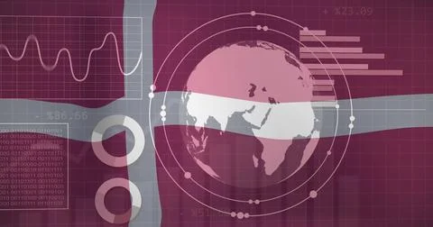 Image of financial data processing with globe over flag of denmark 写真素材