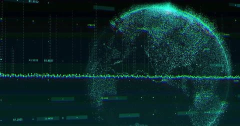 Image of financial data processing with globe on black background Foto stock
