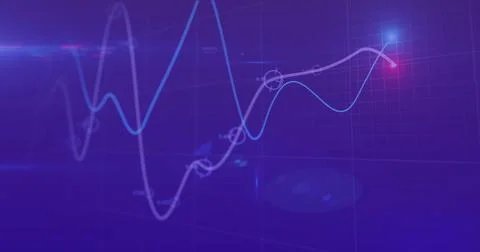Image of financial data processing with glowing spot on purple background Stock Photos