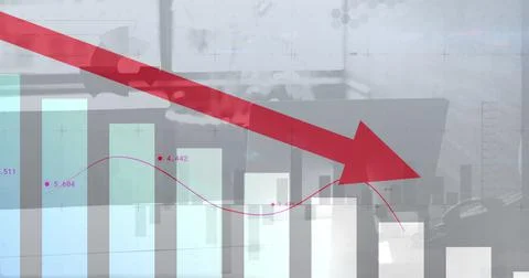 Image of financial data processing with graph over empty office Illustrazione stock