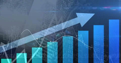 Image of financial data processing with graph over cityscape Illustrazione stock