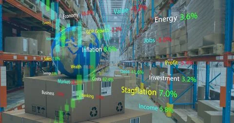 Image of financial data processing with graph over warehouse Illustrazione stock