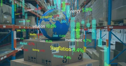 Image of financial data processing with graph over warehouse Stock Illustration