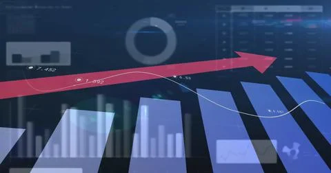 Image of financial data processing with graph on black background Illustrazione stock
