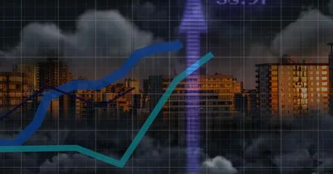 Image of financial data processing with graph and arrows over cityscape Stock Illustration