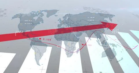 Image of financial data processing with graph and world map on grey background Stock Photos