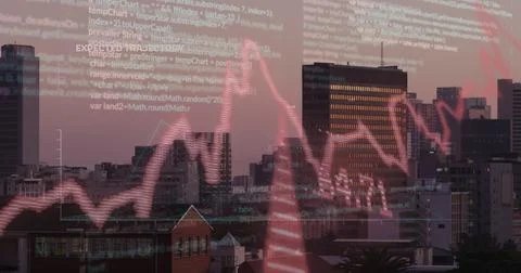 Image of financial data processing with graph and arrows over cityscape Stock Photos