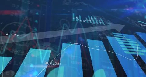 Image of financial data processing with graph on black background 写真素材