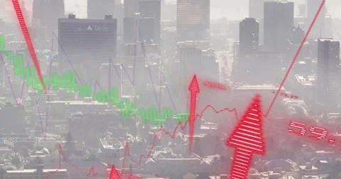 Image of financial data processing with graph and arrows over cityscape Foto stock