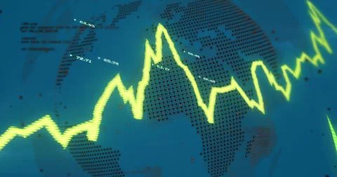 Image of financial data processing with graph and globe on blue background Stock Photos