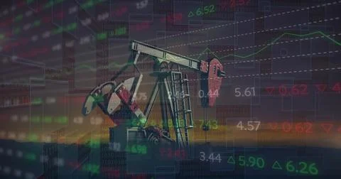 Image of financial data processing with graph over pumpjack on black background 写真素材