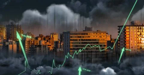 Image of financial data processing with graph and arrows over cityscape Stock Photos