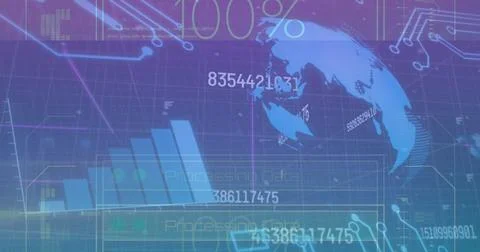Image of financial data processing with graph, globe on digital interface Foto stock