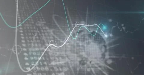 Image of financial data processing with graph over globe on black background 스톡 사진